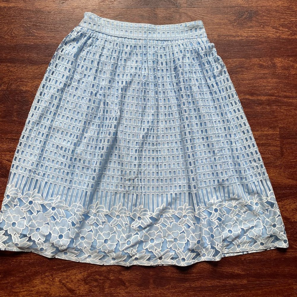 Annabella light blue calf-length skirt w white geometric & floral overlay